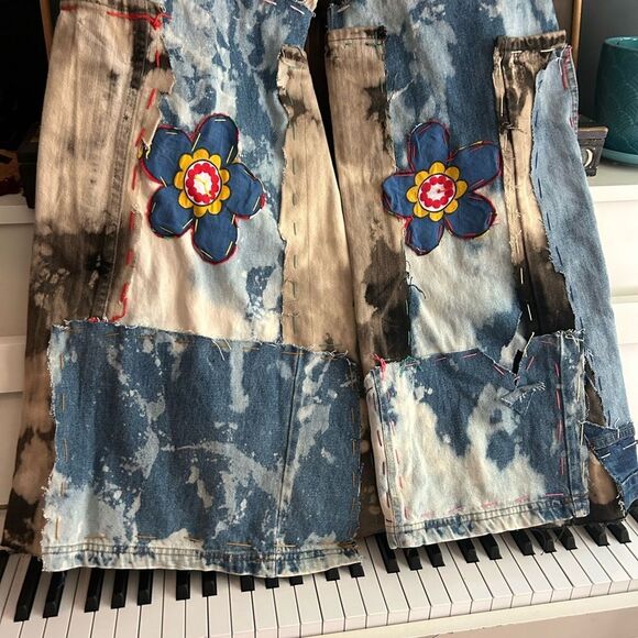 Upcycled Frayed Patchwork Jeans – 34" Waist Handmade Streetwear Pants Wide Leg - Picture 8 of 16